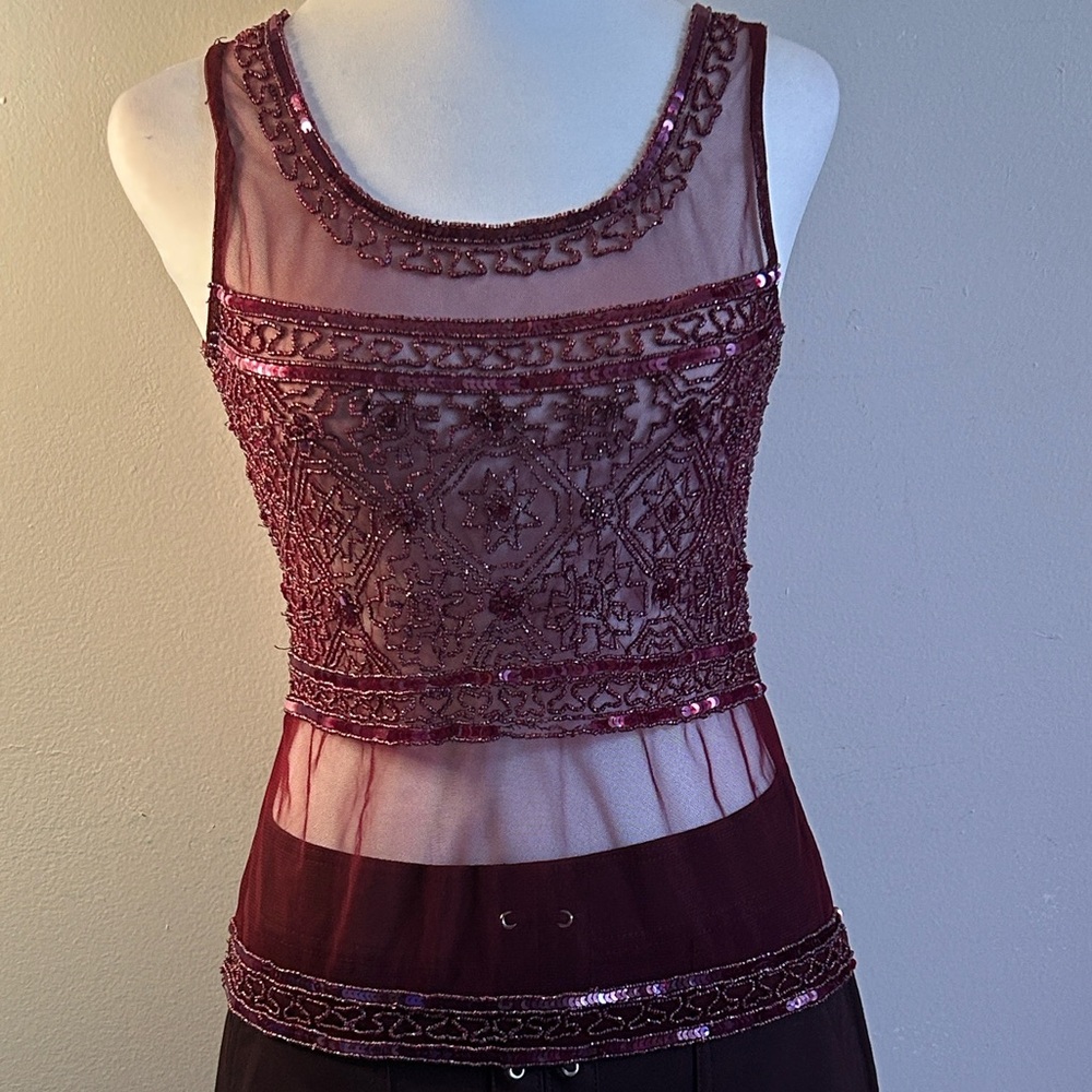 Passport  Vintage 90s Burgundy Beaded and Sequined Embellished Sheer Tank Top - Picture 14 of 14